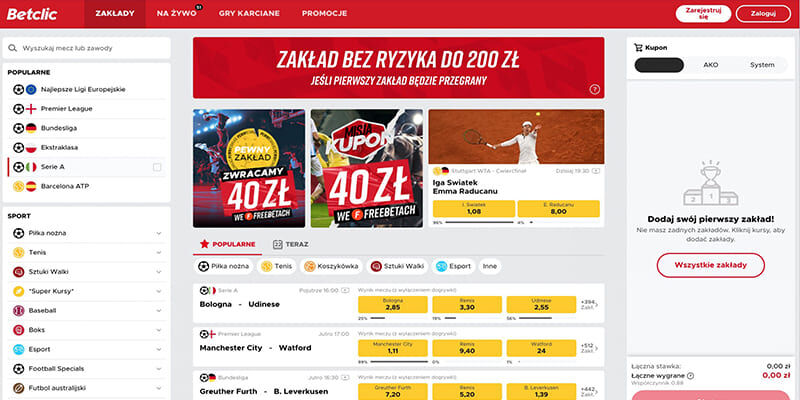 Zrzut ekranu strony sportowej bukmachera Betclic