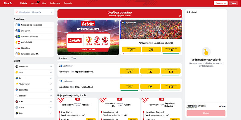 Zrzut ekranu strony sportowej betclic