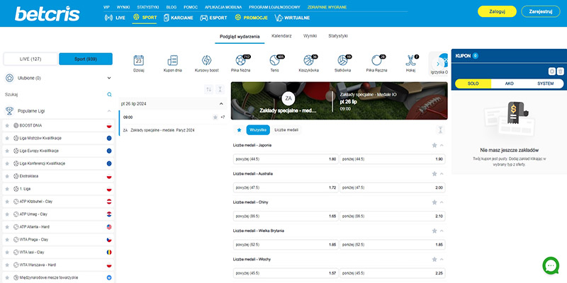 Zrzut ekranu strony sportowej betcris