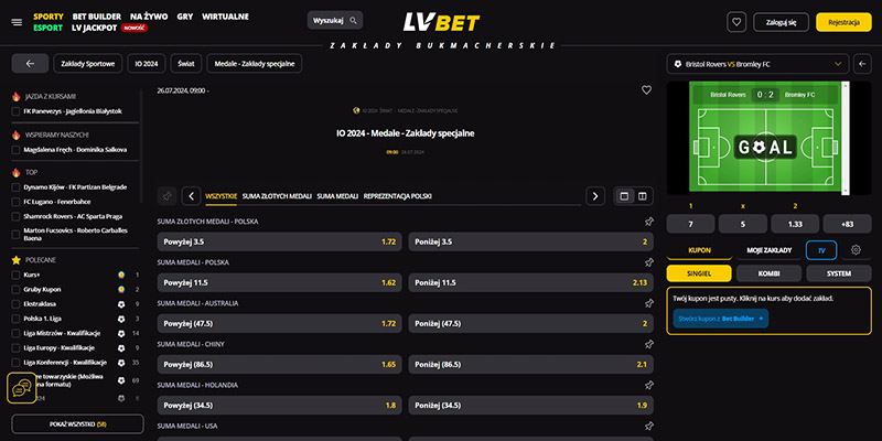 Zrzut ekranu strony sportowej lvbet