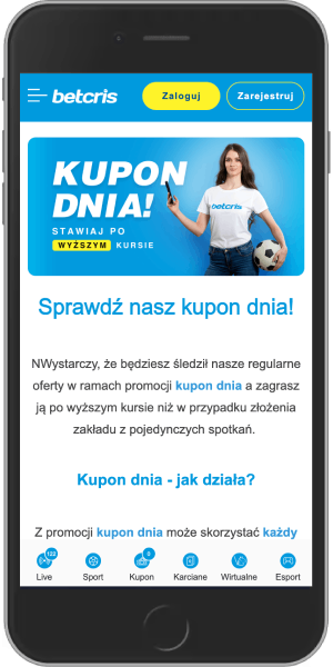 Mobilny zrzut ekranu bonusu kupon dnia betcris