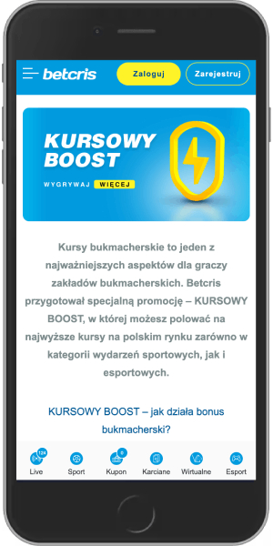 Mobilny zrzut ekranu bonusu kursowy boost betcris