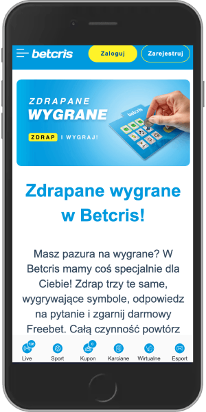 Mobilny zrzut ekranu bonusu zdrapane wygrane betcris