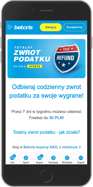 Mobilny zrzut ekranu bonusu zwrot podatku betcris