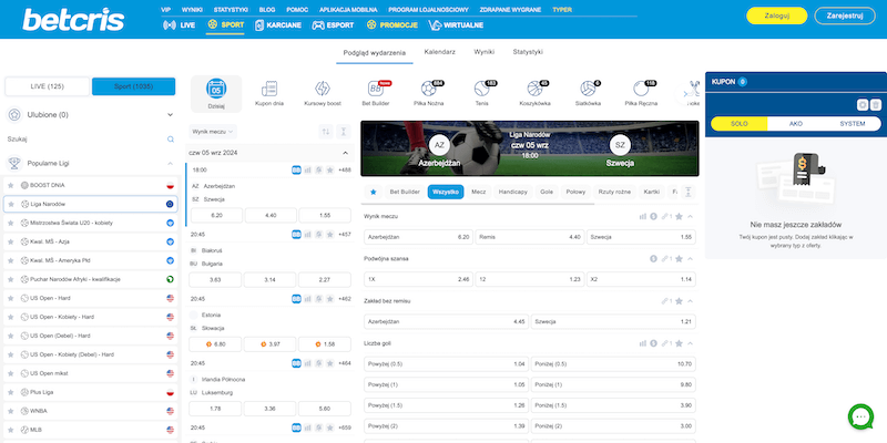 Zrzut ekranu strony sportowej Betcris