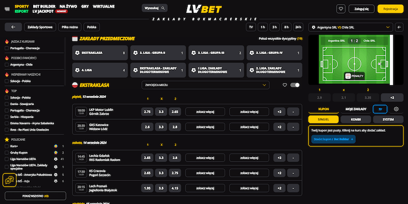 Zrzut ekranu strony sportowej lvbet