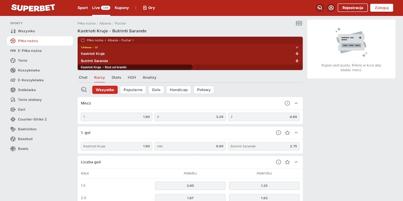Zrzut ekranu strony sportowej superbet